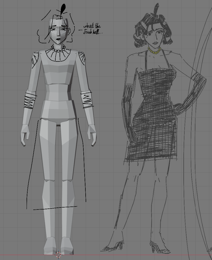 Fig. 1; a drawn-over picture featuring Jerry's model next to her reference. she's a little distressed?